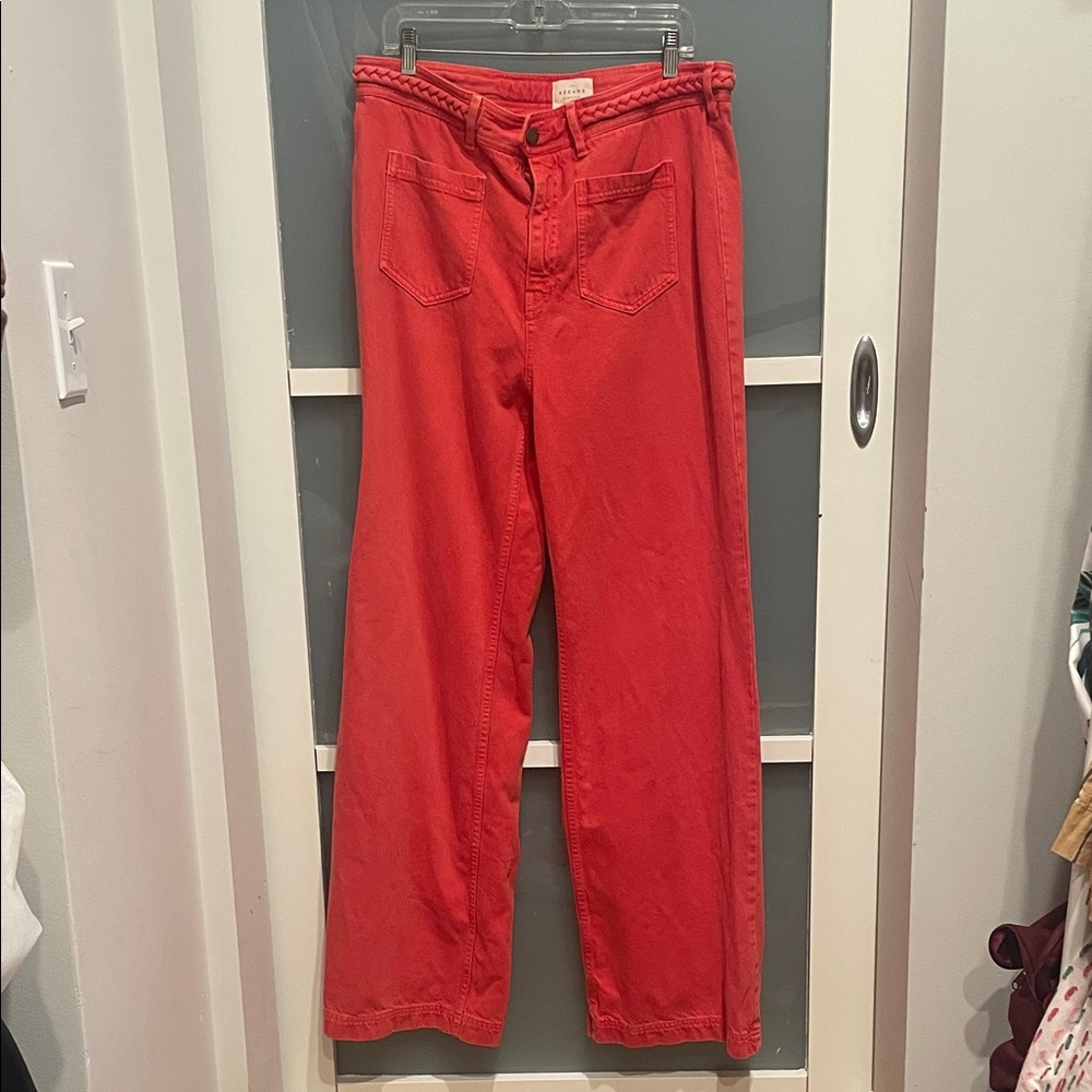 Sezane Enrico Denim, Coral Red Flare & Wide Leg Jeans, Size 46, GUC